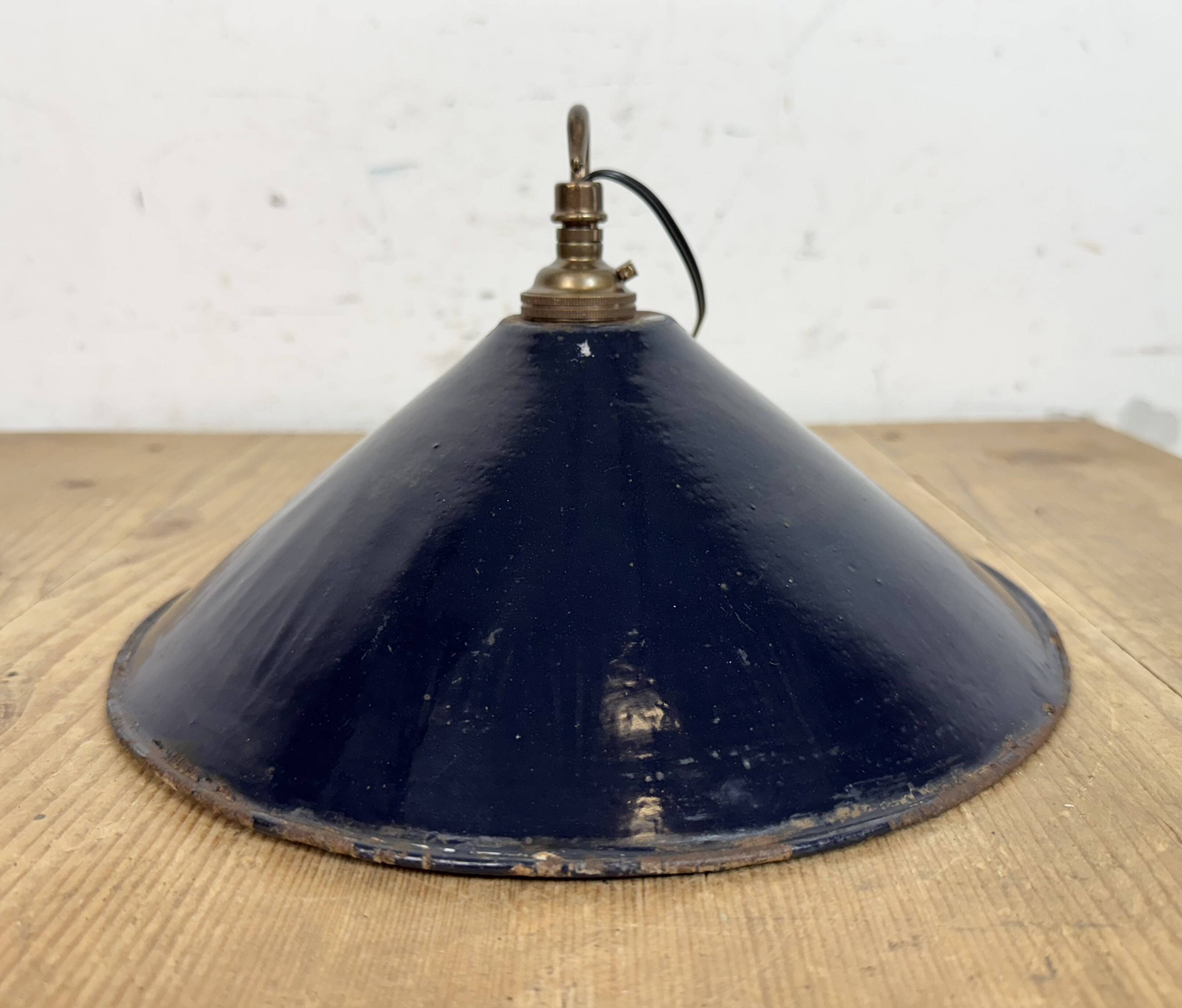 Industrial British Dark Blue Enamel Factory Pendant Lamp, 1950s
