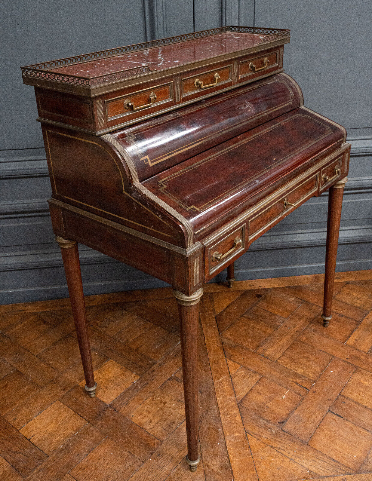Mahogany cylinder desk nineteenth style Louis XVI red marble