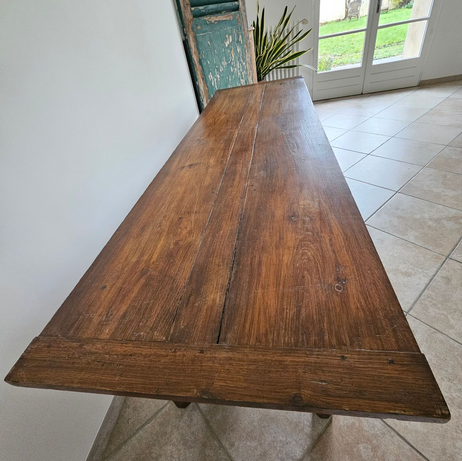 Farm table, solid oak console, late 18th to early 19th century.