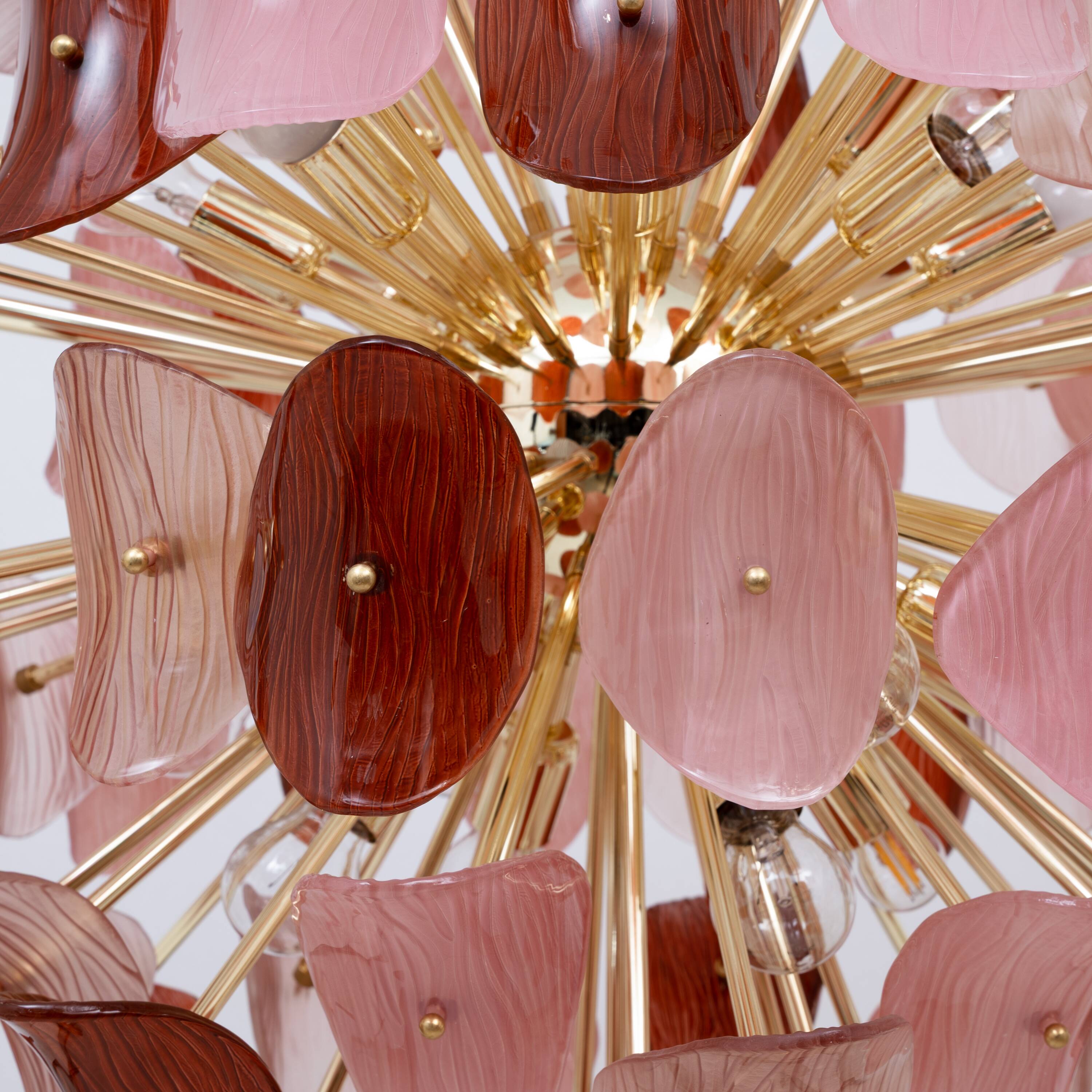 Italian Sputnik Chandelier in Pink and Ruby Murano Glass and Brass