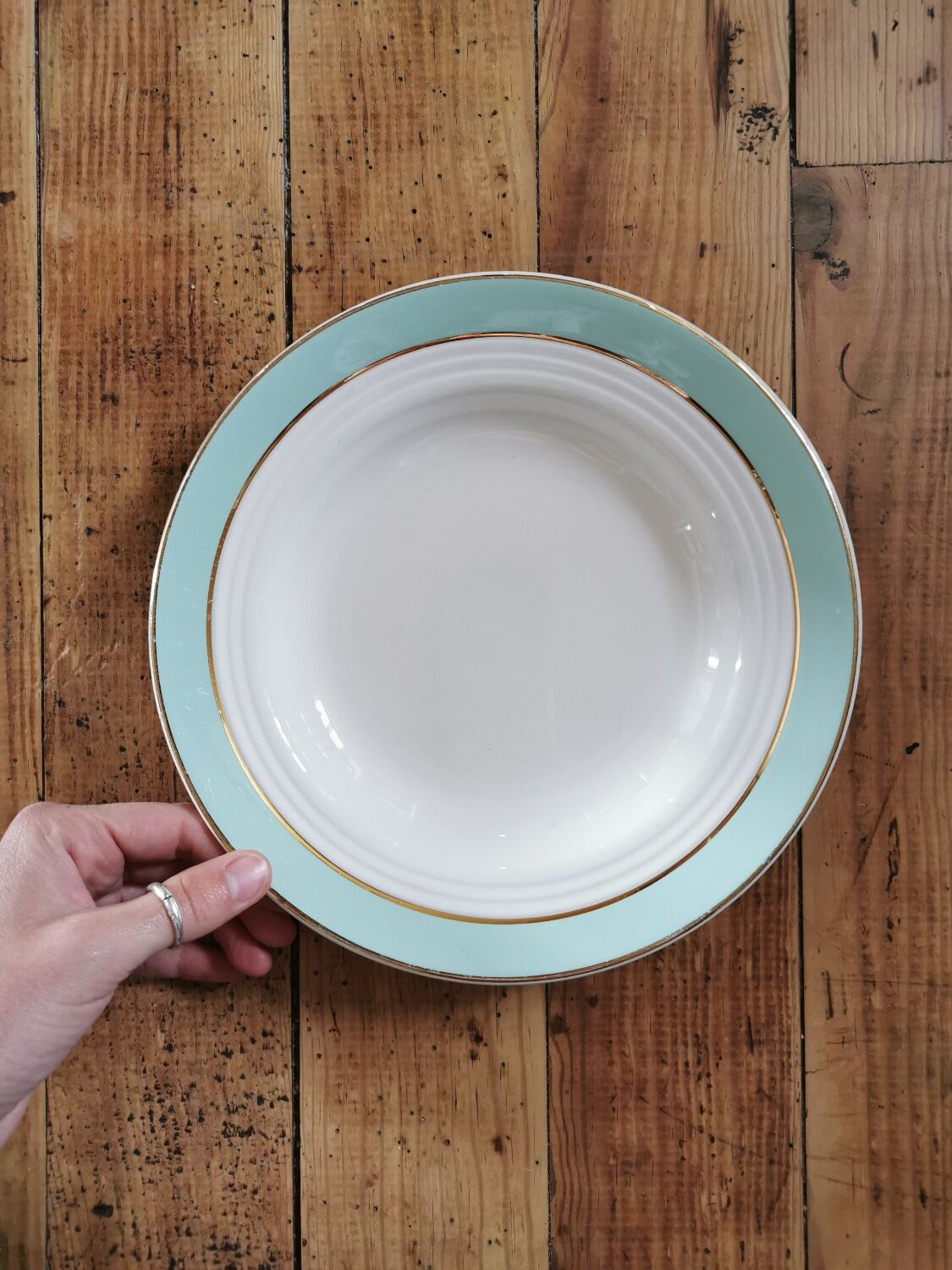 Vintage mismatched hollow plates mint & yellow
