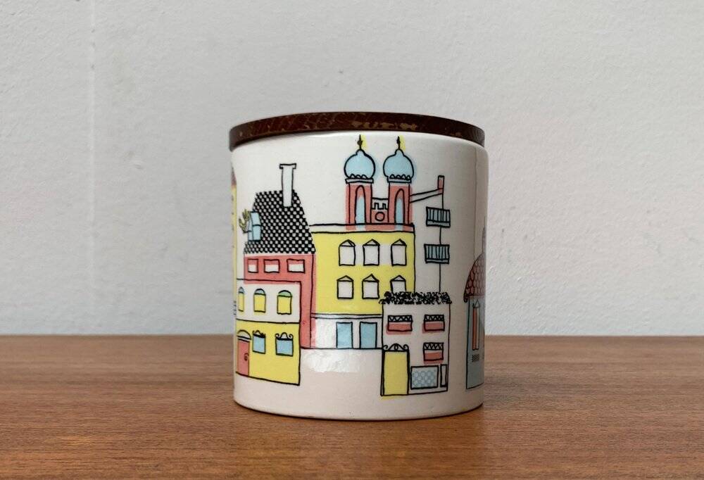 German ceramic box or mid-century biscuit jar with a teak lid by SMF Schramberg Keramik, 1960s