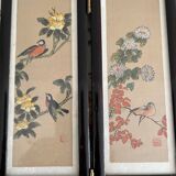Paravent de table chinois en papier de soie peint, bois et verre
