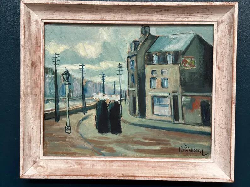 Original Swedish Oil on Panel – "Figures in the Street" by R. Eichburn – Signed – Dated 1936 – Framed – 47 × 39 cm (18.5" × 15.4")