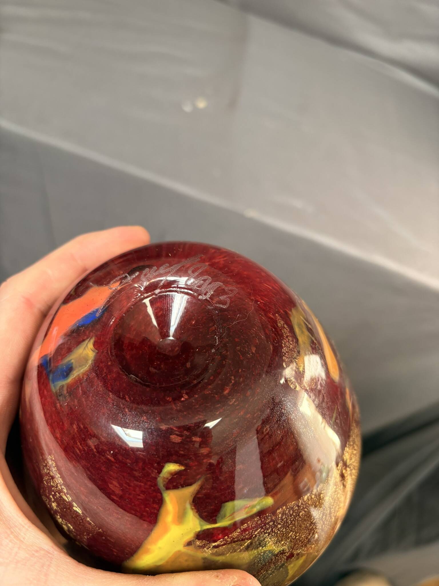 Vase Pot Paste Glass Blown Red Orange Lacquered Marbled Signed Dated Art Deco