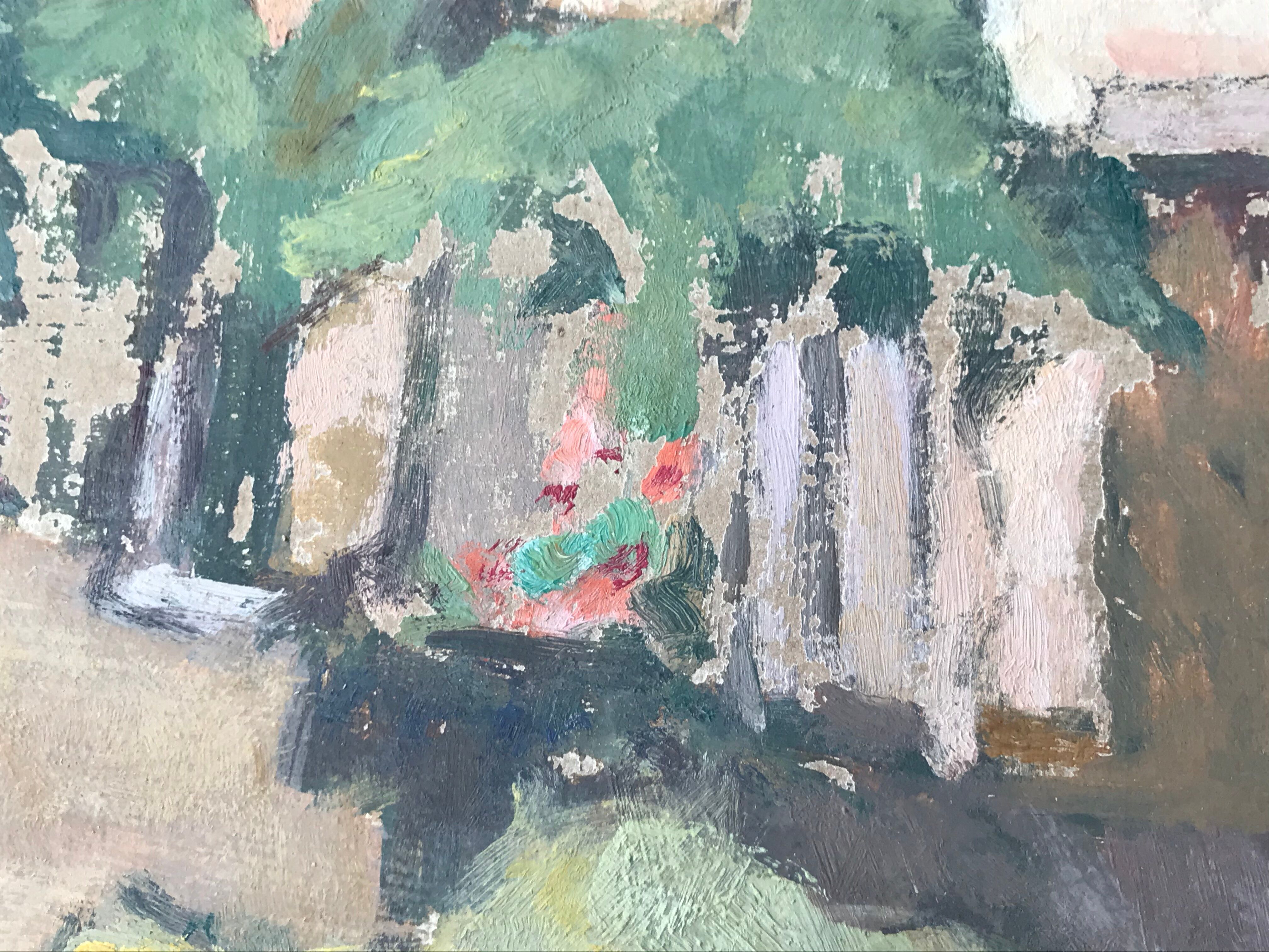 Old painting oil on cardboard peasant village