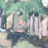Old painting oil on cardboard peasant village