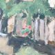 Old painting oil on cardboard peasant village