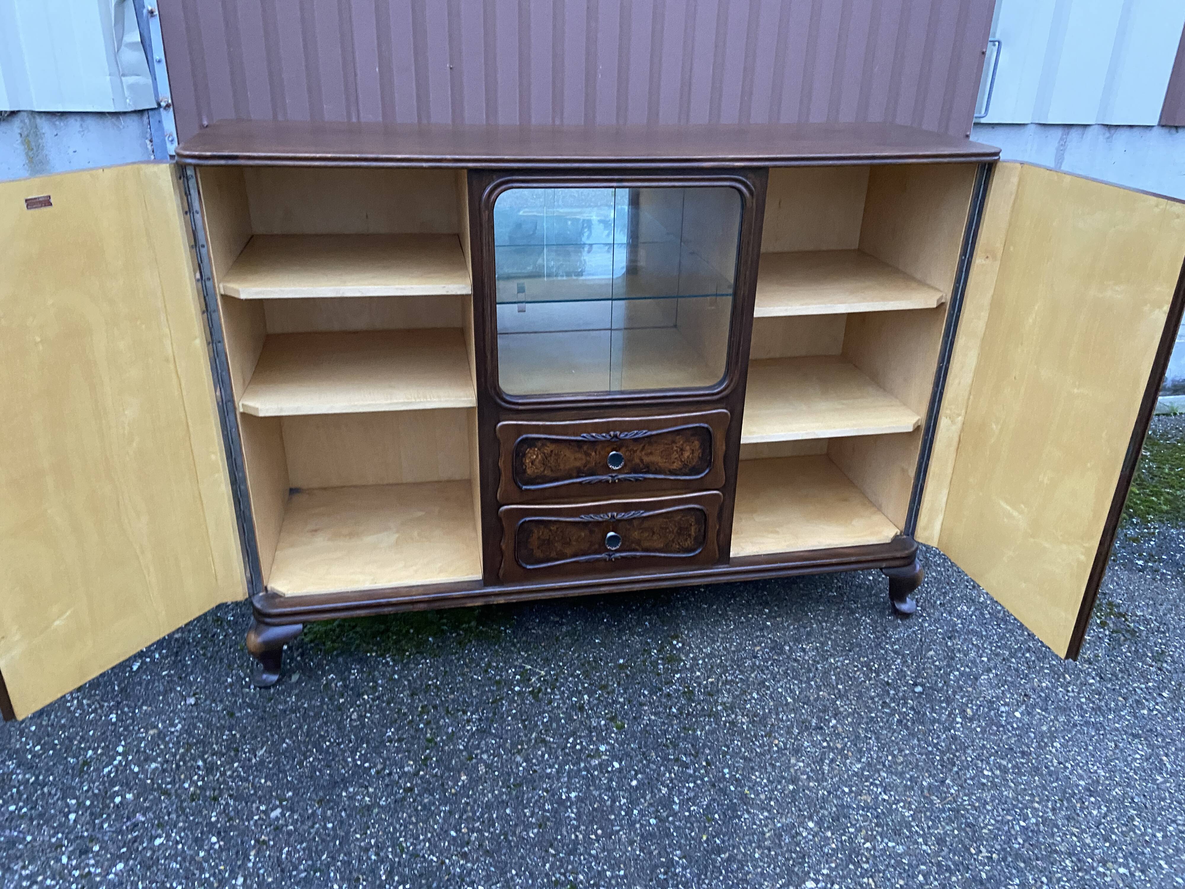 Art deco Chippendale sideboard Mid-century vintage 1950 Burl walnut