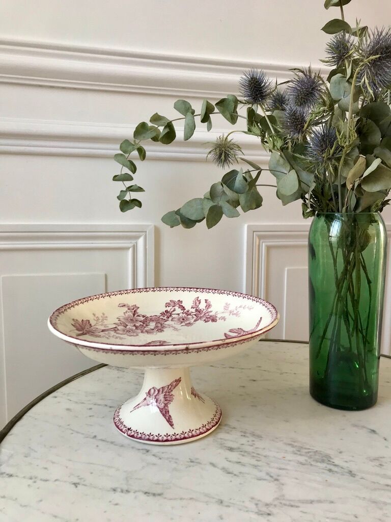 Compotier high in Terre de Fer Longwy model "Mésange" pink 1880 - XIXth
