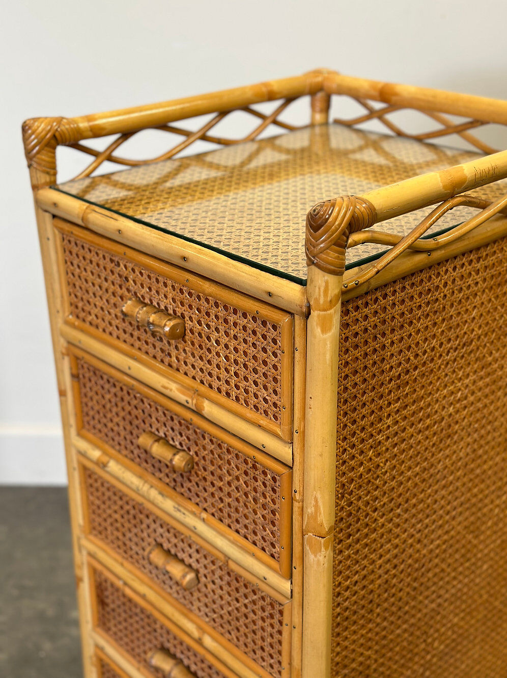Mid-century rattan highboy / tallboy chest of drawers by Angraves, England, 1970