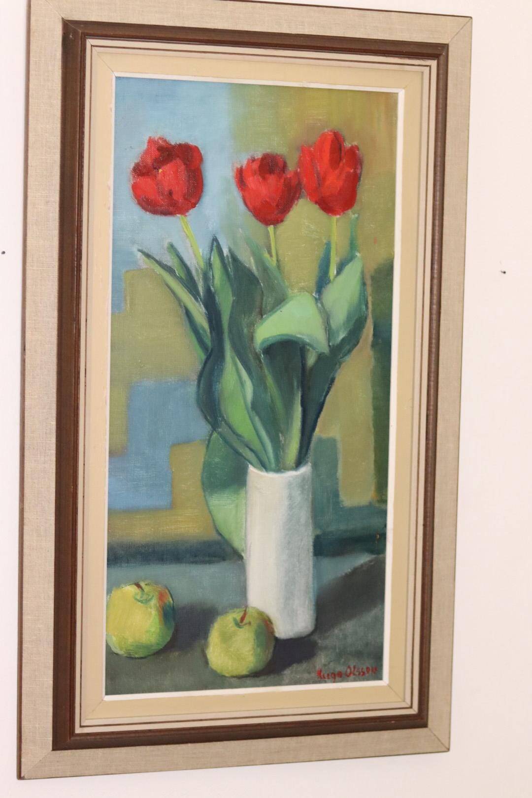 1970's Large Swedish Mid-Century Oil On Board Painting" Still life Tulips " by Hugo Olsson
