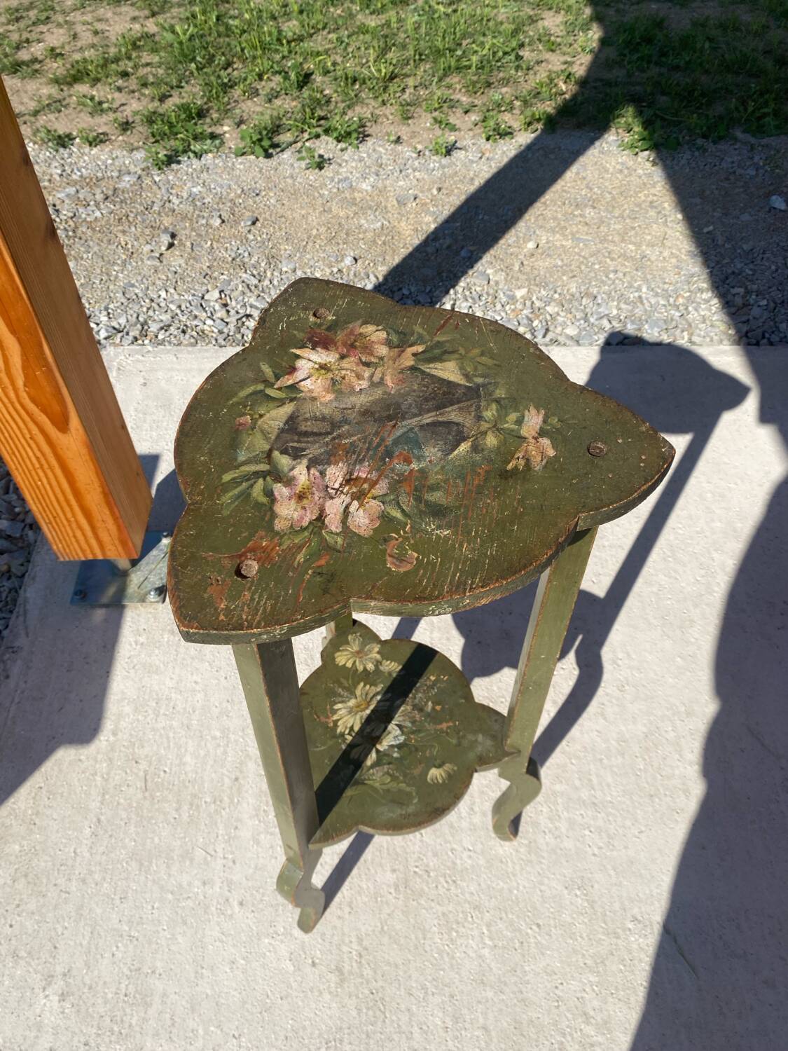 Wooden pedestal table or side table painted with floral motifs