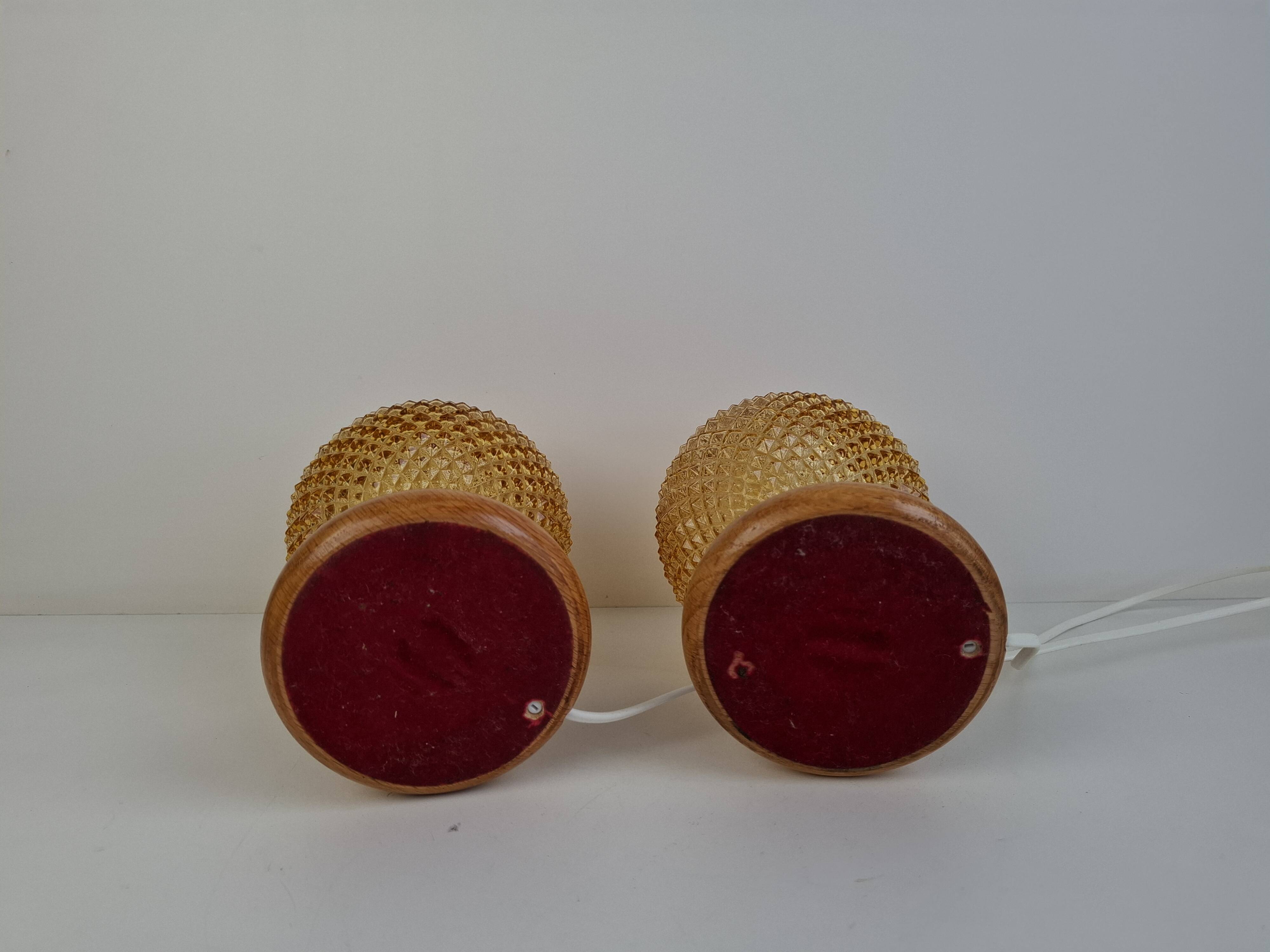 Pair of Mid-Century Table Lamps with Amber Glass and Wooden Base