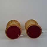 Pair of Mid-Century Table Lamps with Amber Glass and Wooden Base