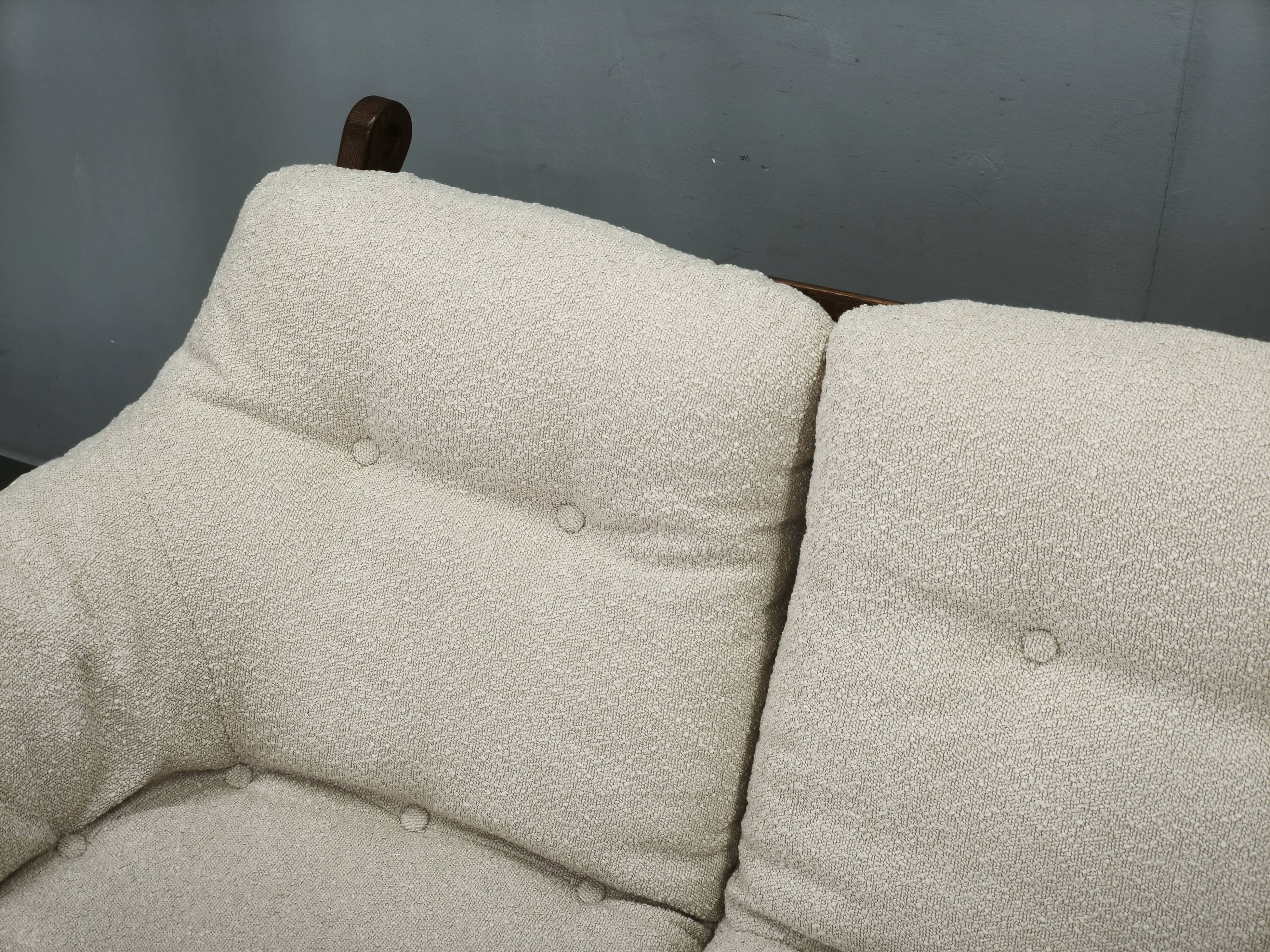 Brutalist Solid Oak and Bouclé Three-Seat Sofa, Czechoslovakia 1970s