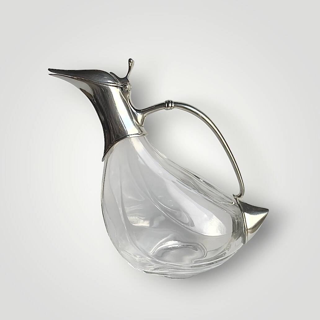 Carafe canard vintage en cristal et métal chromé