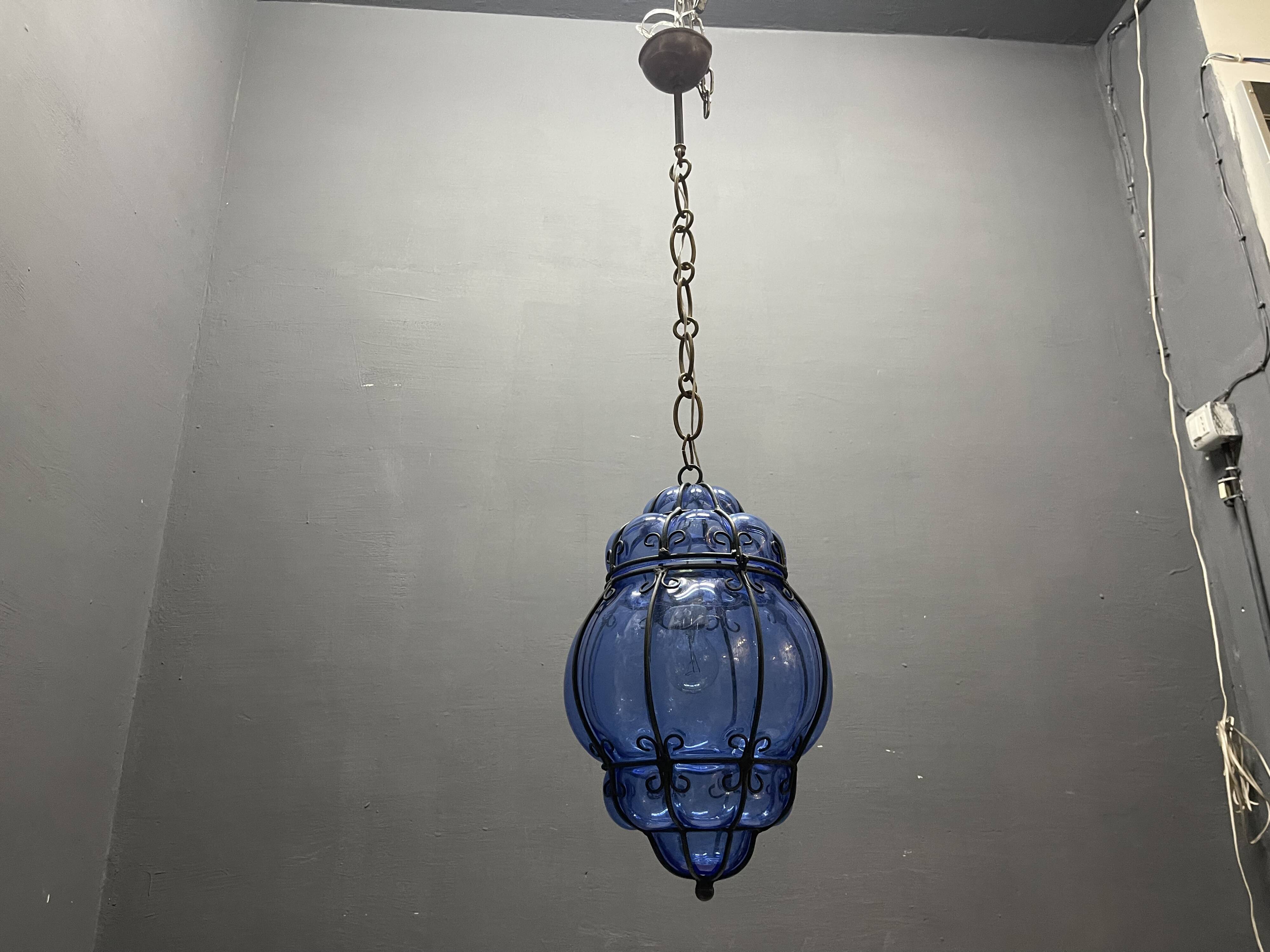 Wrought Iron Blue Murano Glass Light Pendant 1980’s