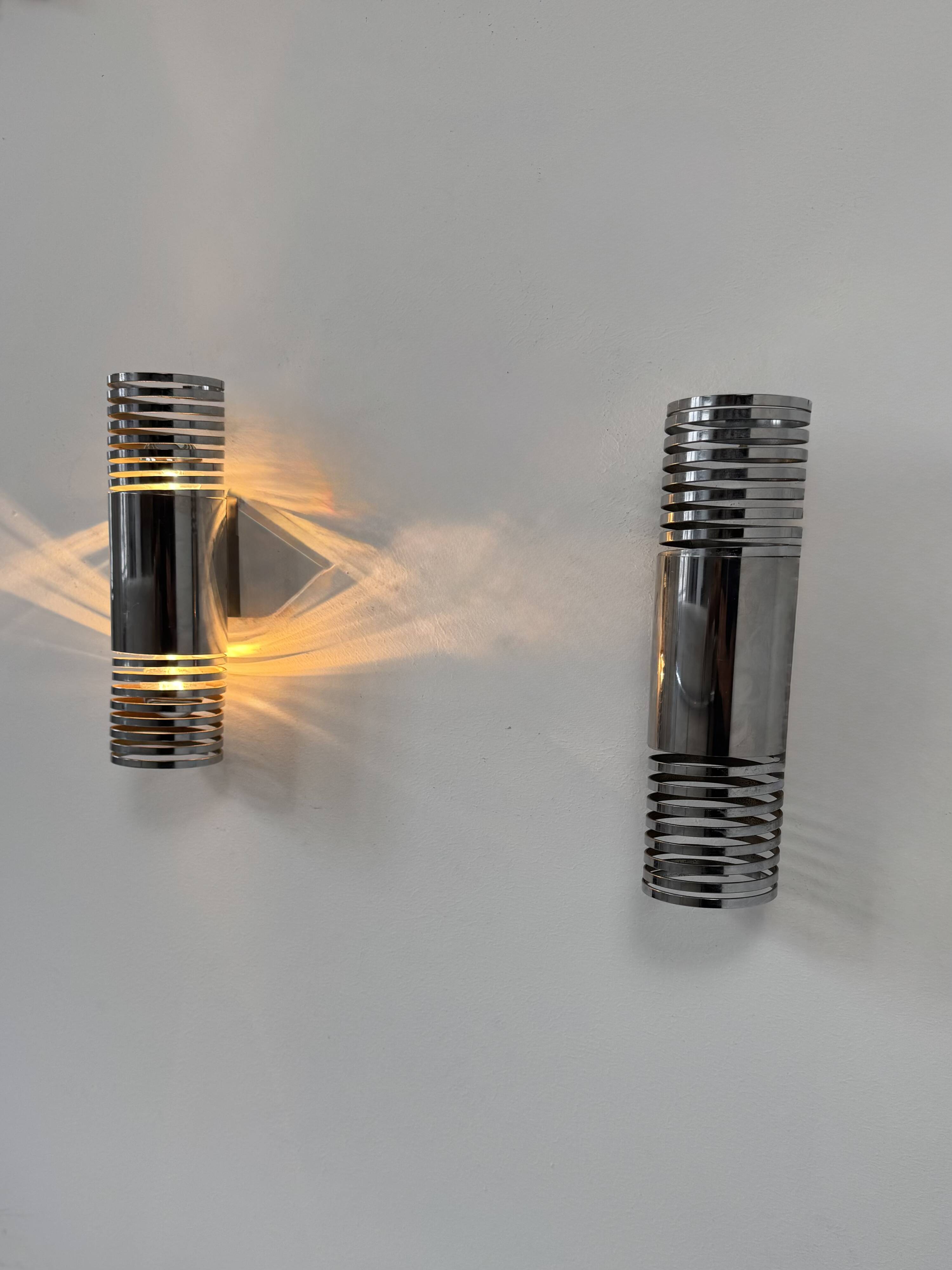 Pair of vintage chrome metal wall lights, France, 1970.
