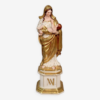 Statue "vierge à l'Enfant" En Porcelaine De Paris émaillée Et Dorée
