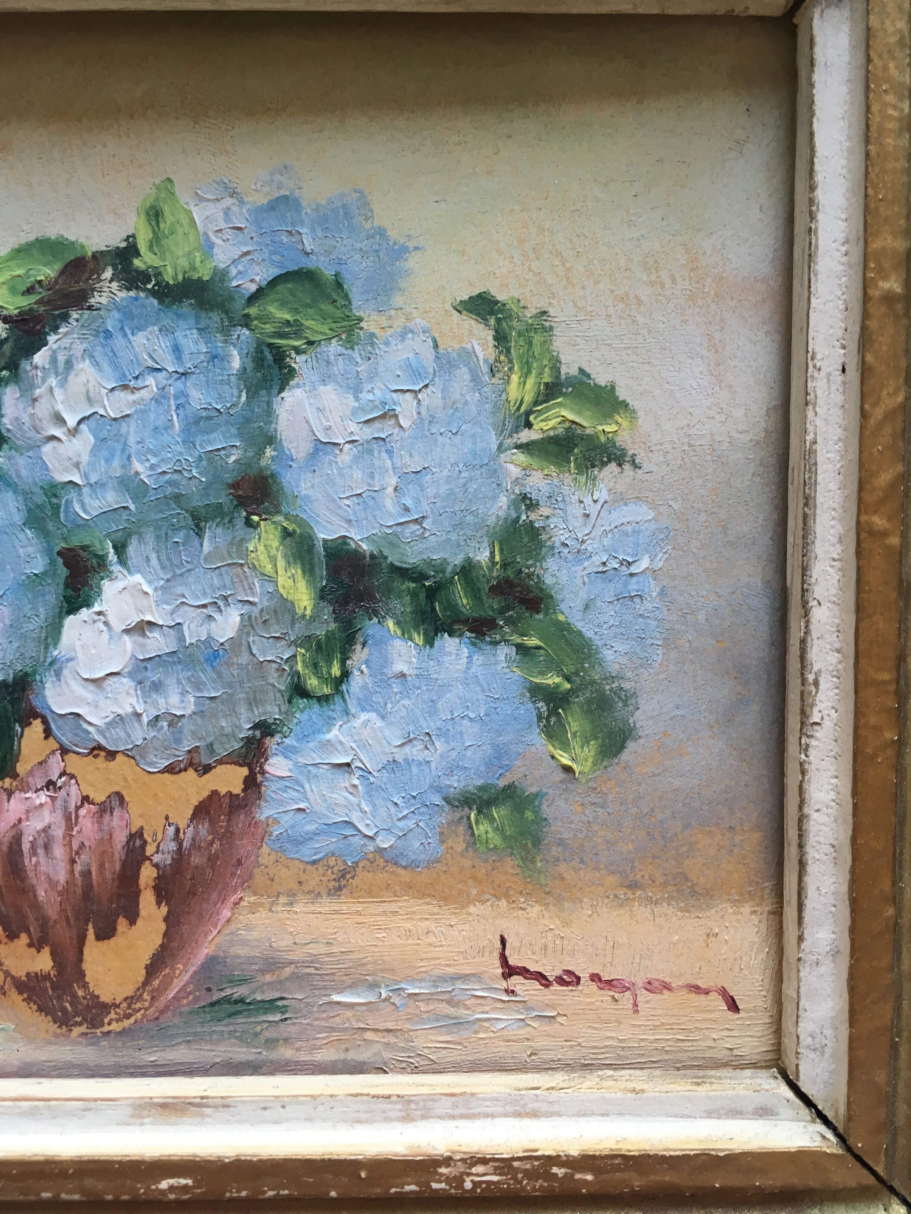 Set of 2 paintings bouquets of flowers with golden frame (signed Morgan)