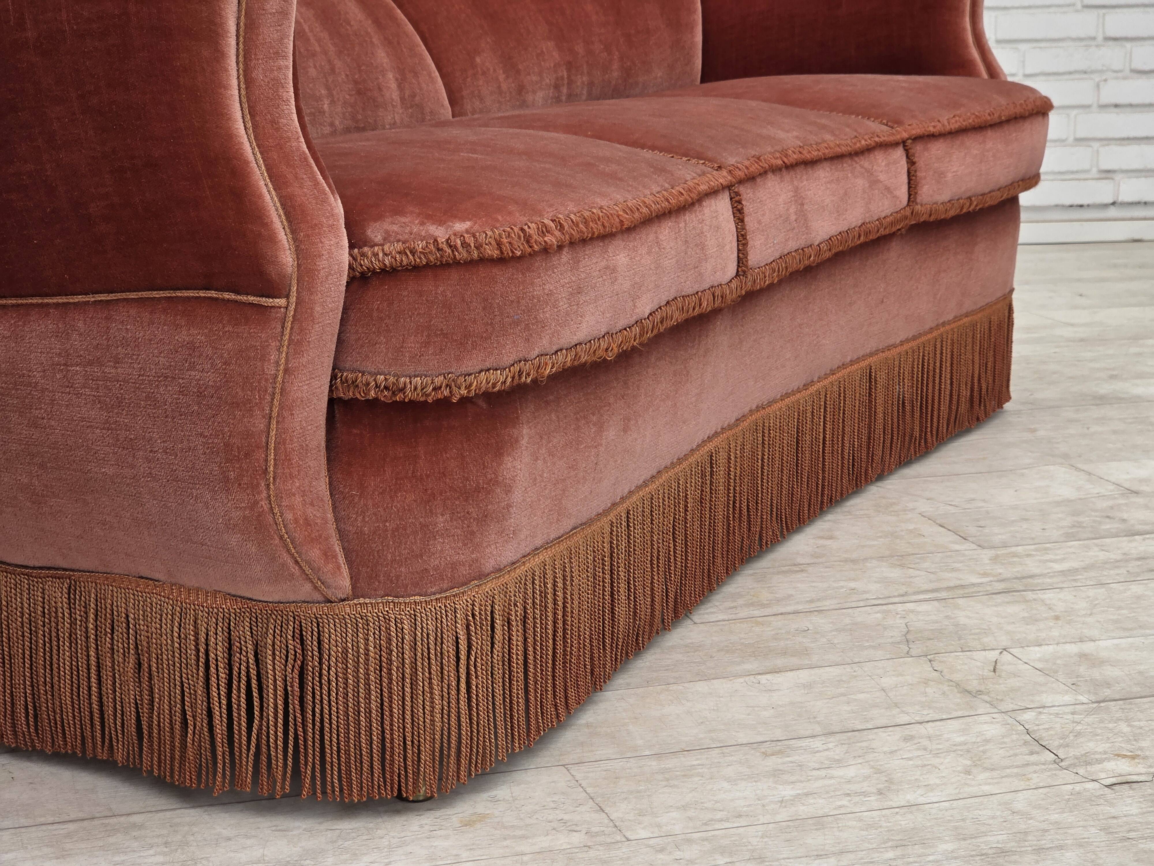 1970s, 3-seater Danish curved sofa, pink furniture velour.