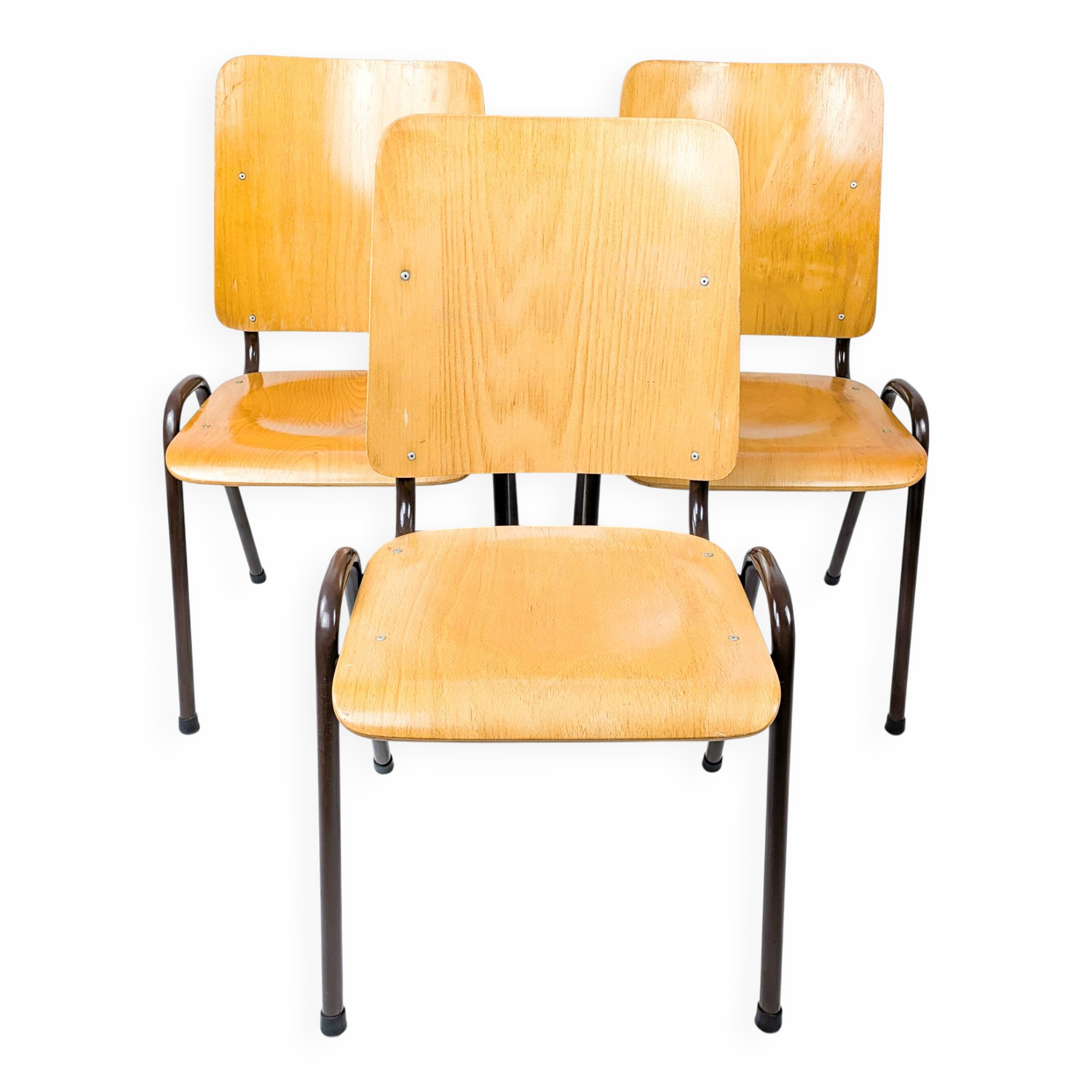 Lot de 3 chaises empilables Mid Century Chaise d'école Industrie Bois Métal Marron Vintage Rétro Cha