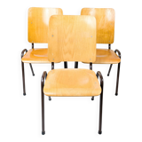 Lot de 3 chaises empilables Mid Century Chaise d'école Industrie Bois Métal Marron Vintage Rétro Cha