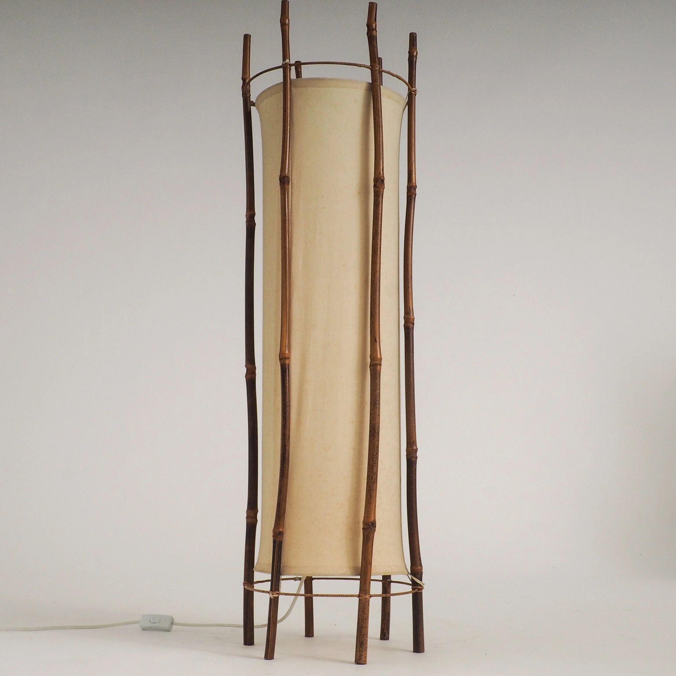 Large bamboo & linen floor lamp by Louis Sognot