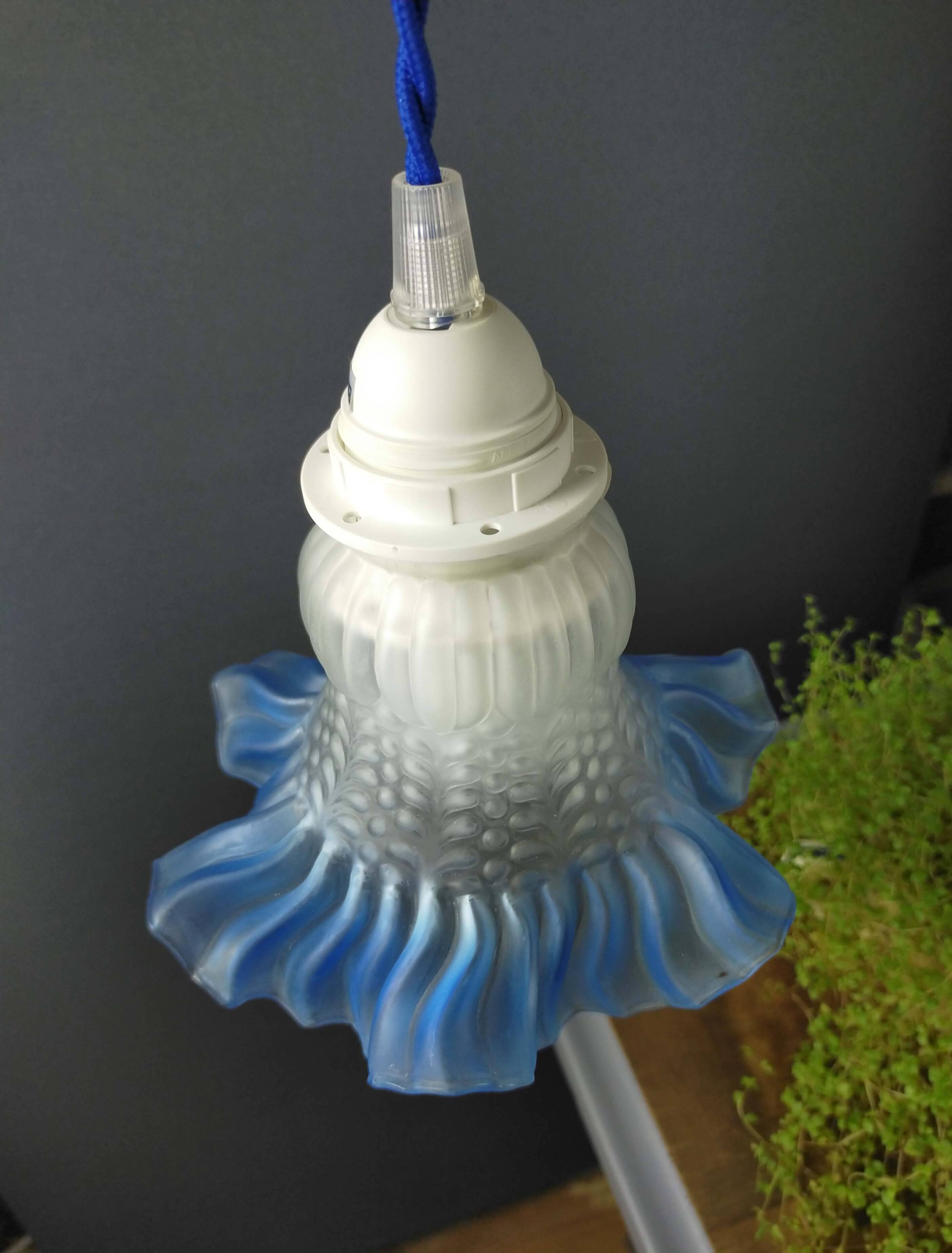 Tulip glass table lamp with frosted finish, azure blue trim – Vintage 1950