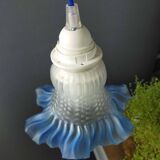 Tulip glass table lamp with frosted finish, azure blue trim – Vintage 1950