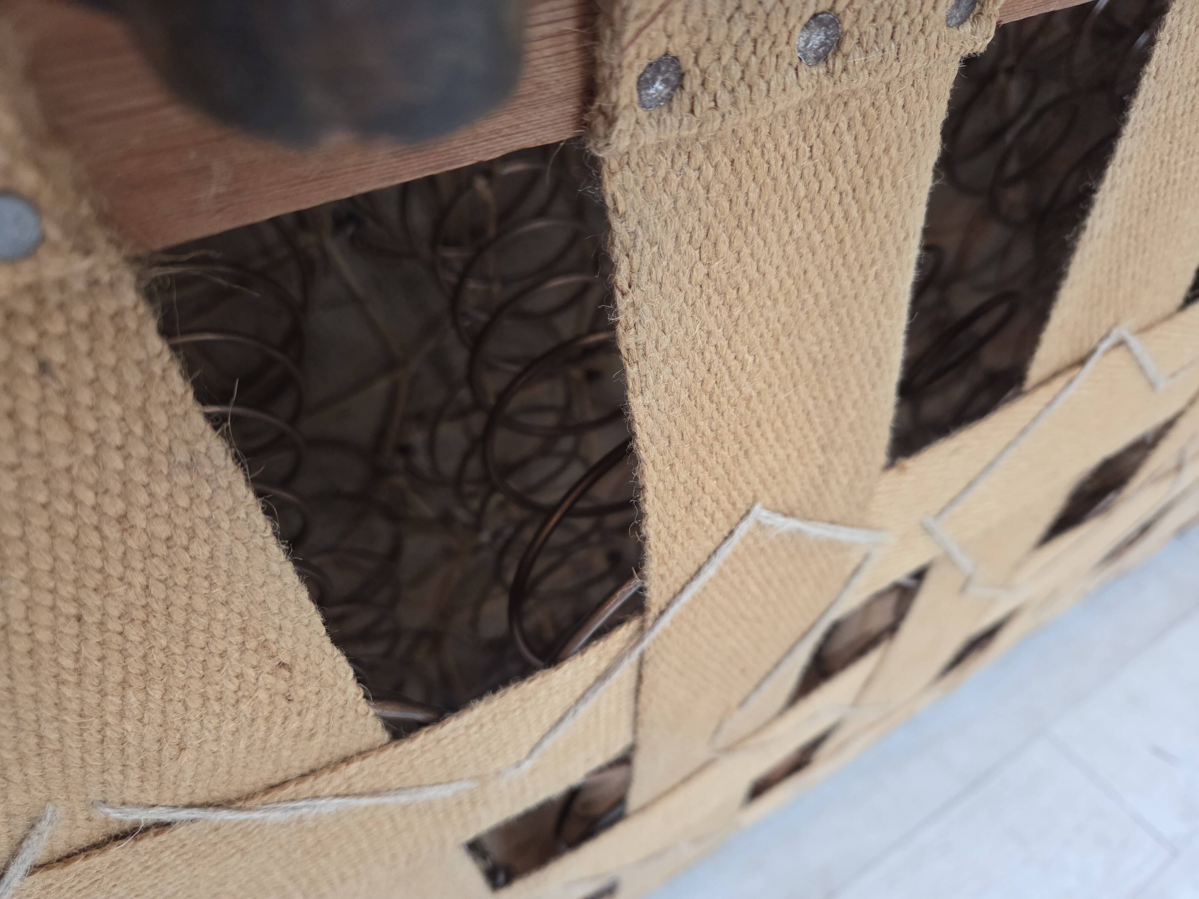 1950s, Danish 3-seater sofa, red and light grey furniture wool, oak wood.