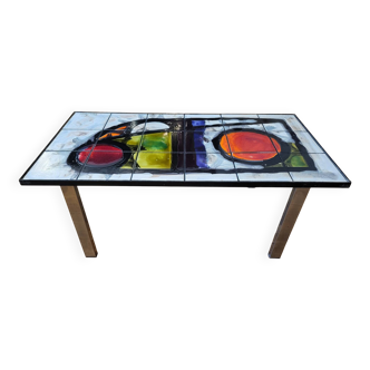 Table basse Belarti en céramique lave de volcan pieds chromés Belgique 1960