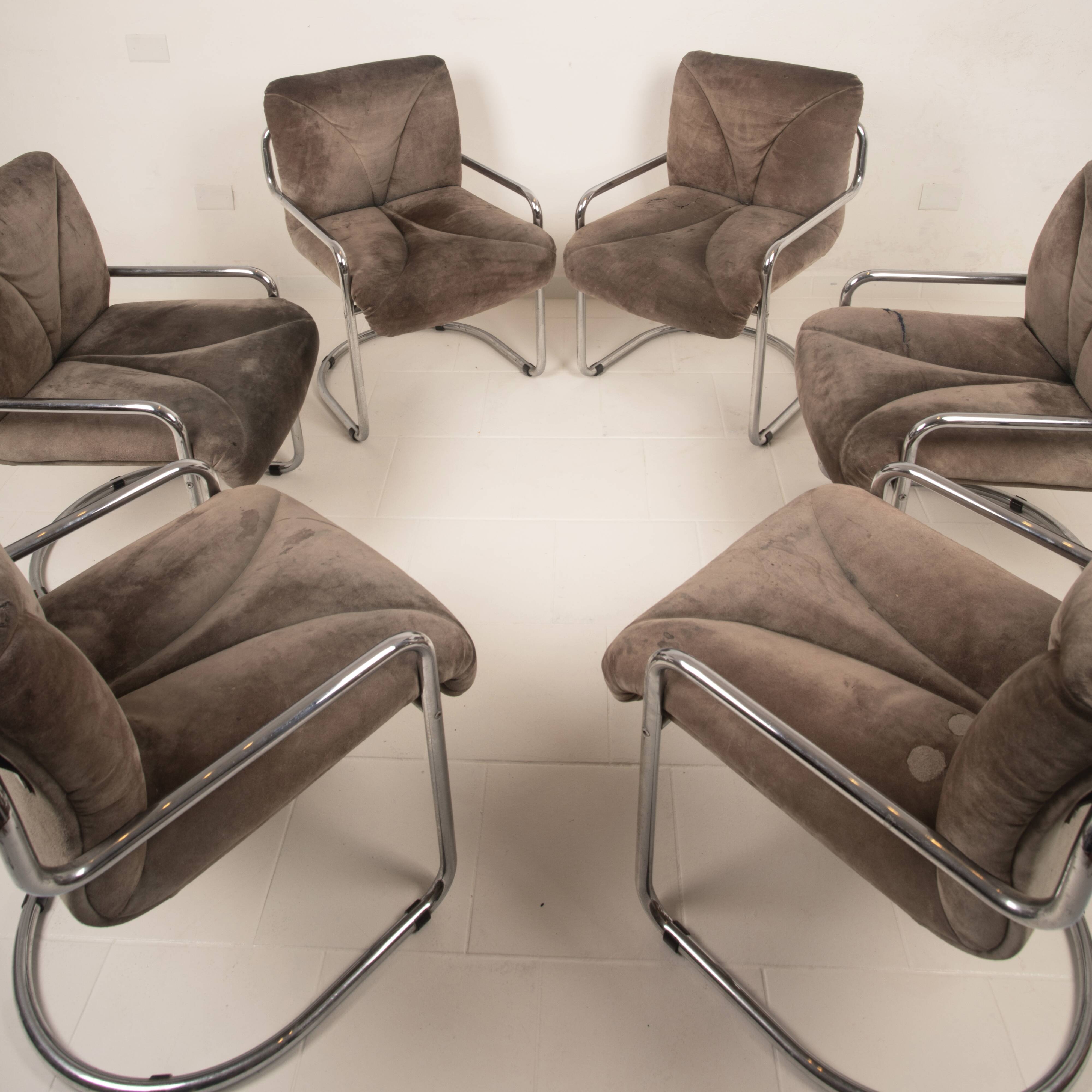 Guido Faleschini Italian Astro Chrome and Taupe Suede Armchairs for i4 Mariani