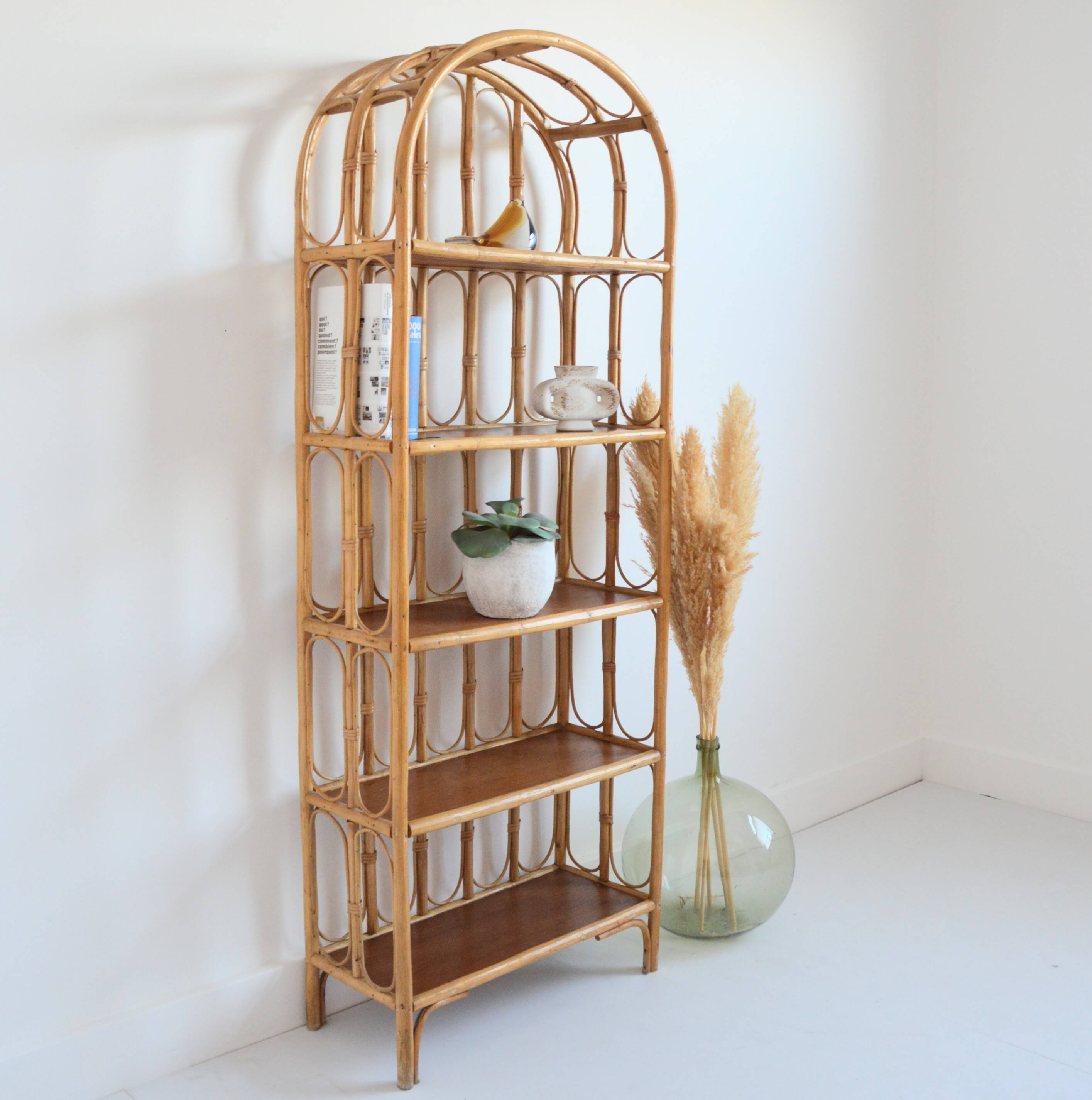 Library / Free-standing shelf in bamboo and rattan 1960s