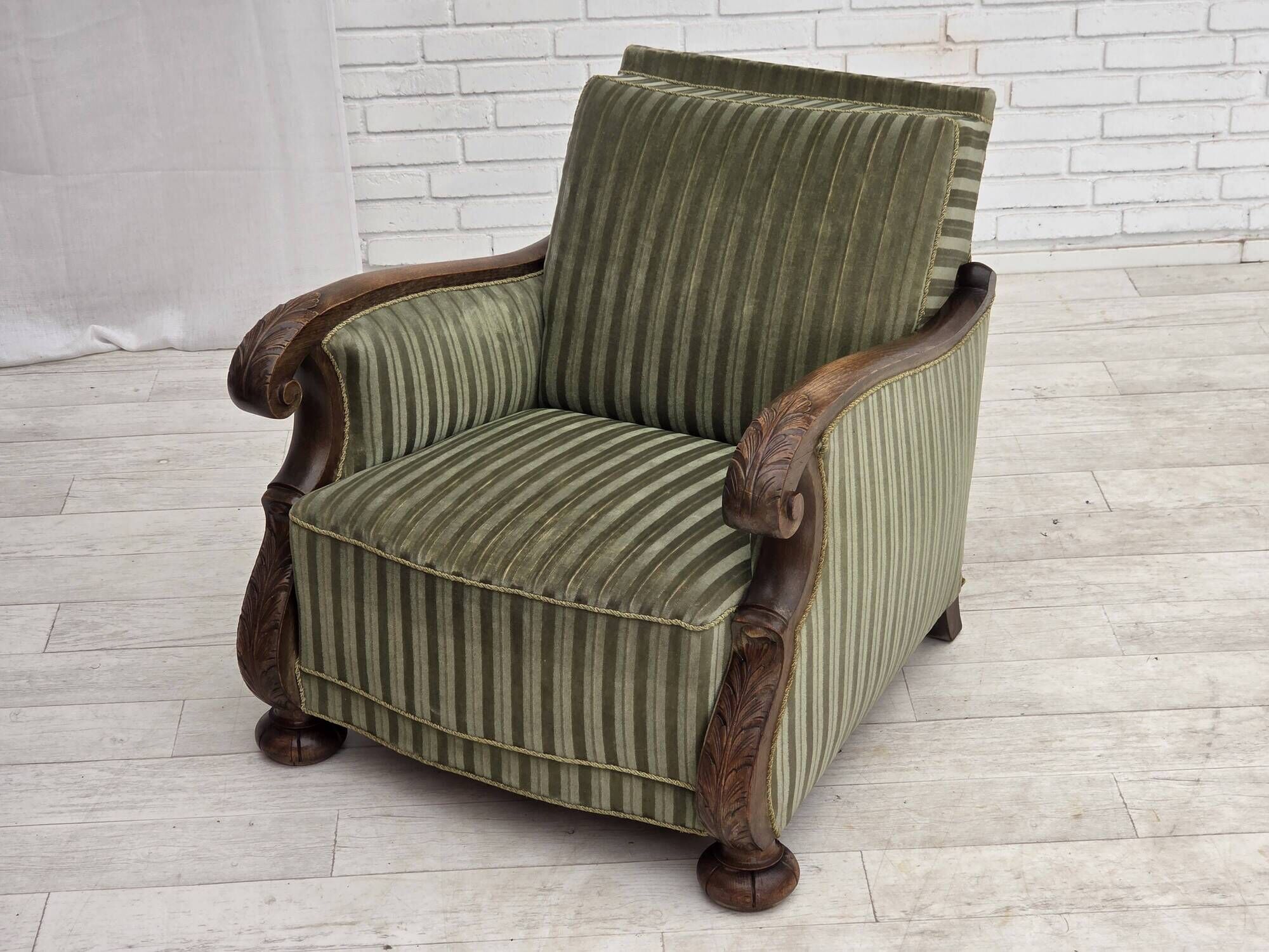 1950s, Danish relax armchair, green furniture velour, carved oak wood.