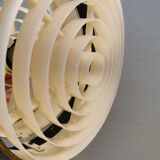 Metal hanging lamp with top and bottom grid of hard moulded plastic. Estimated 1970s.