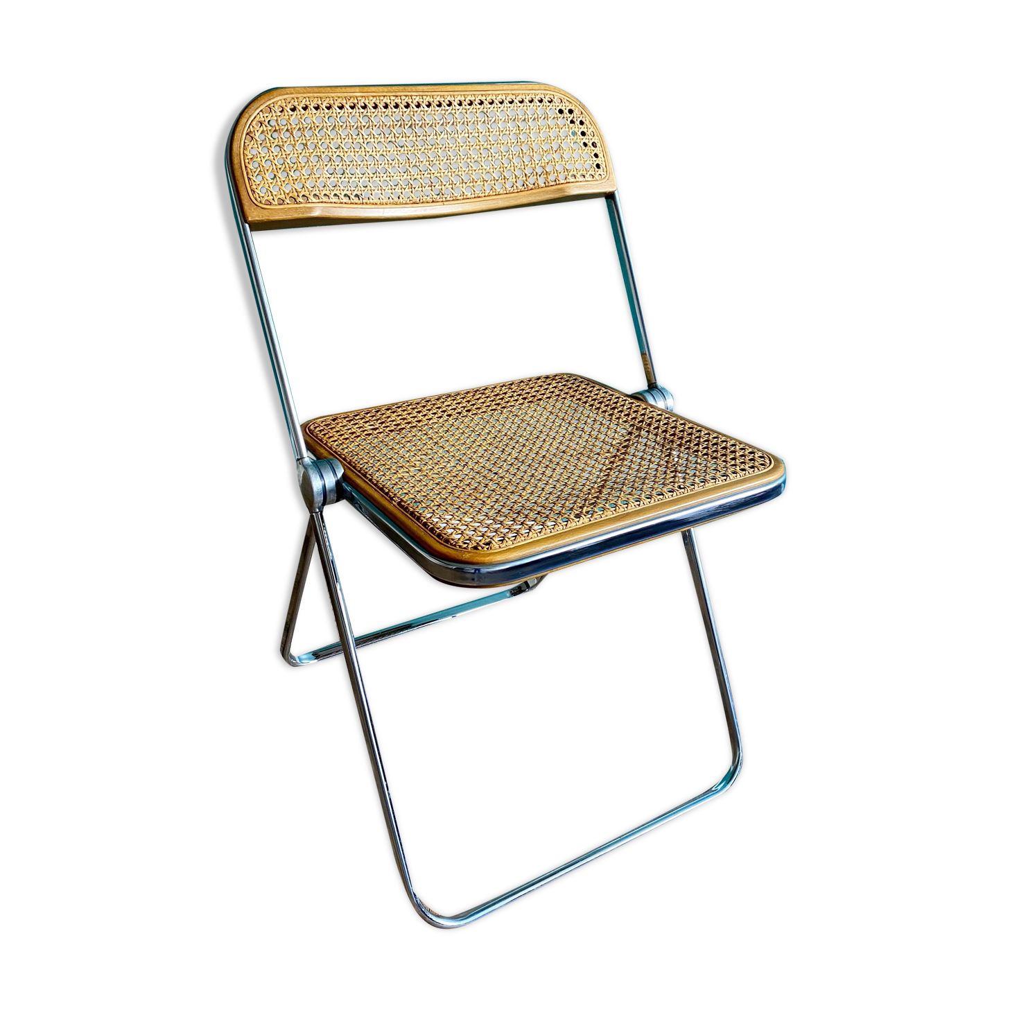 Wooden and caning folding chair "Plia" by G. Piretti for Castelli editions