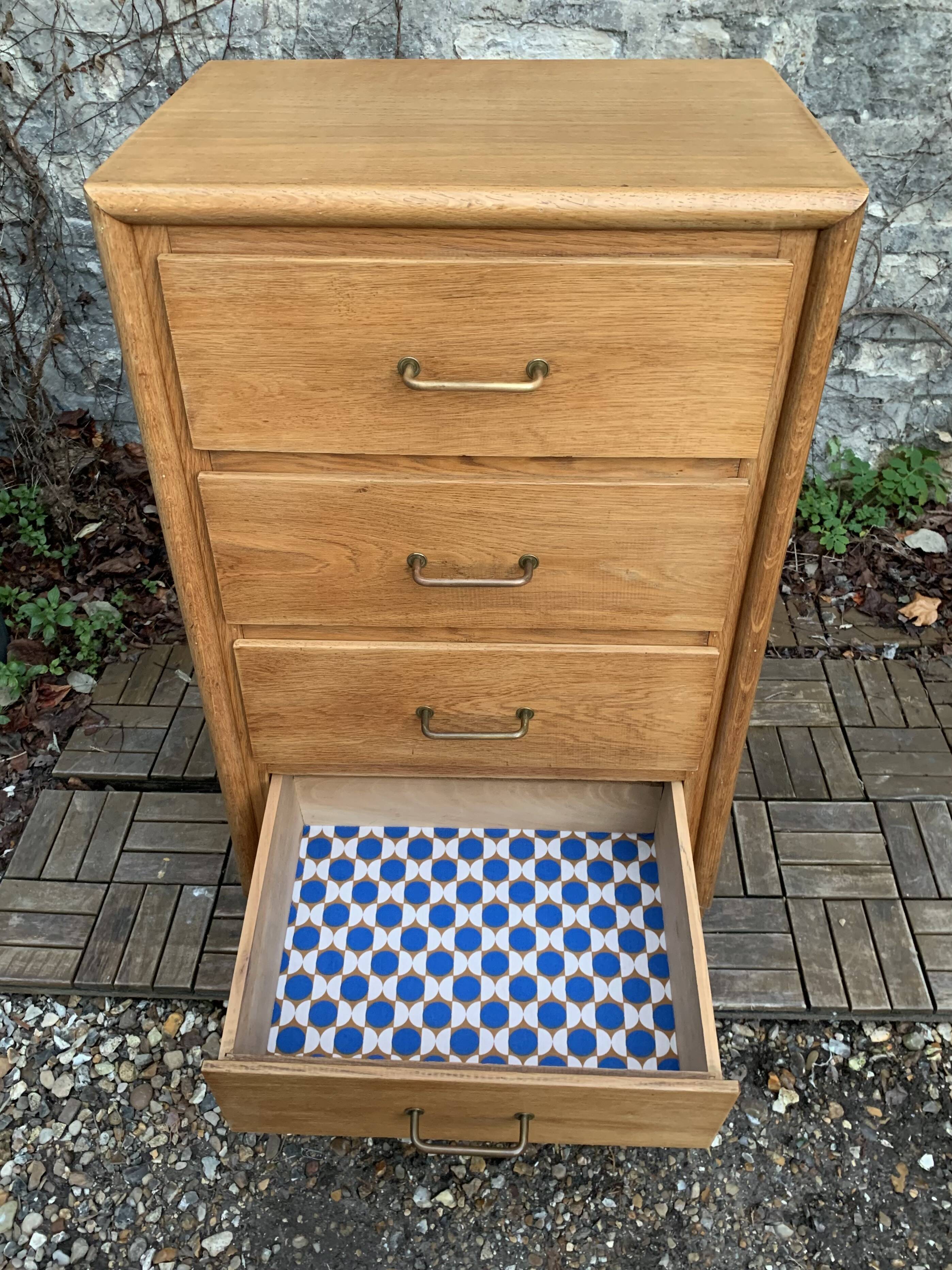 Chest of drawers with compass feet, raw wood, 1950s