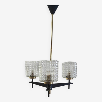 Lustre 3 feux moderniste en métal et verre - années 60/70