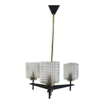 Lustre 3 feux moderniste en métal et verre - années 60/70