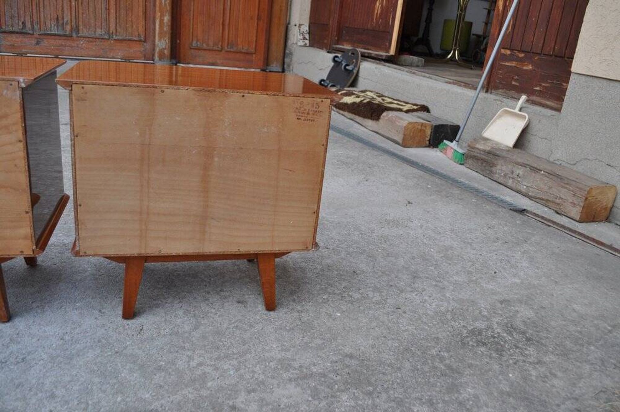 Pair of mid-century brown lacquered wooden bedside tables – 1950s, Czech Republic