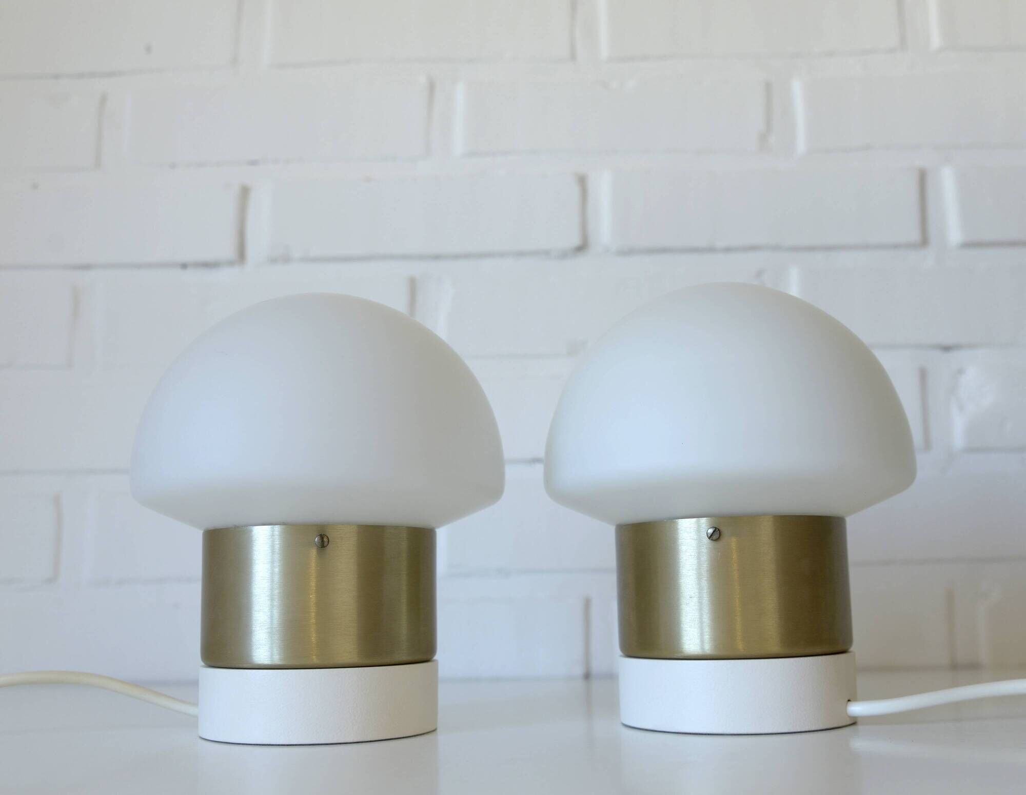 Pair of Mid Century Modern Bedside Lights Mushroom Milk Glass Lamps