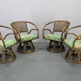 1980s Set of Four Rattan Armchairs with Fabric Pillows