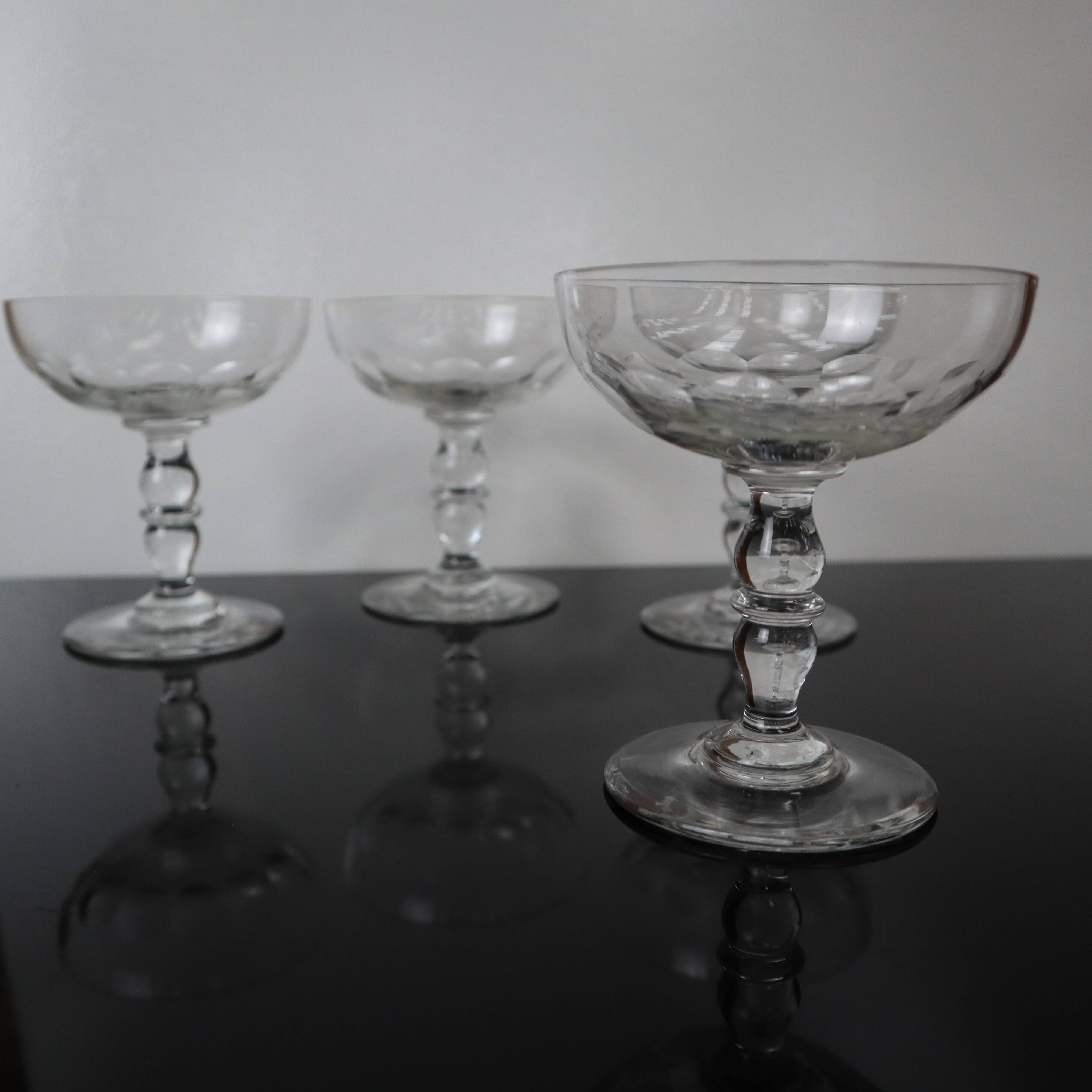 4 superb 20th century blown glass champagne glasses