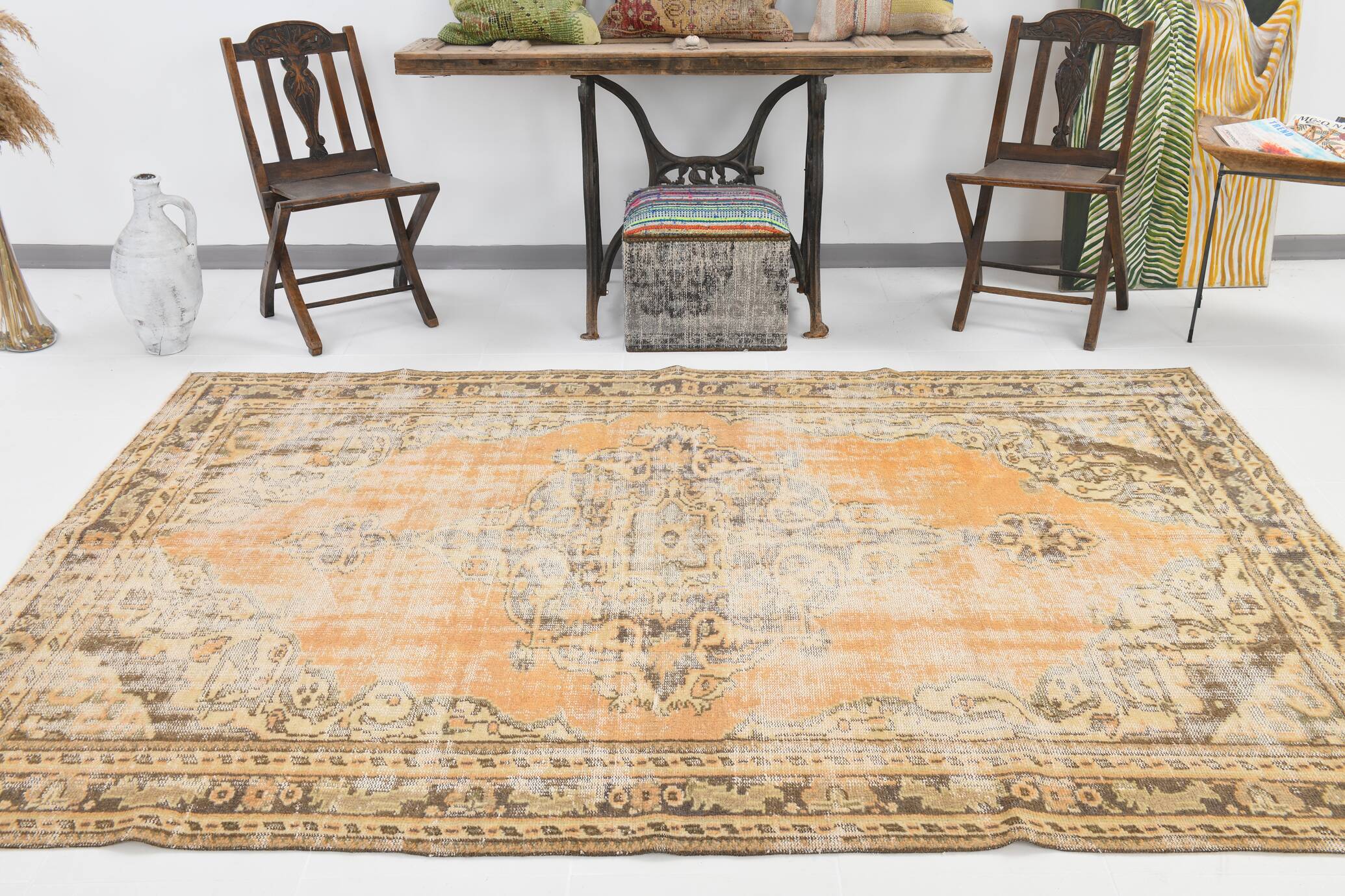 6x9 Peach Yellow Soft Pastel Turkish Vintage Rug, 185x276Cm SK 5250