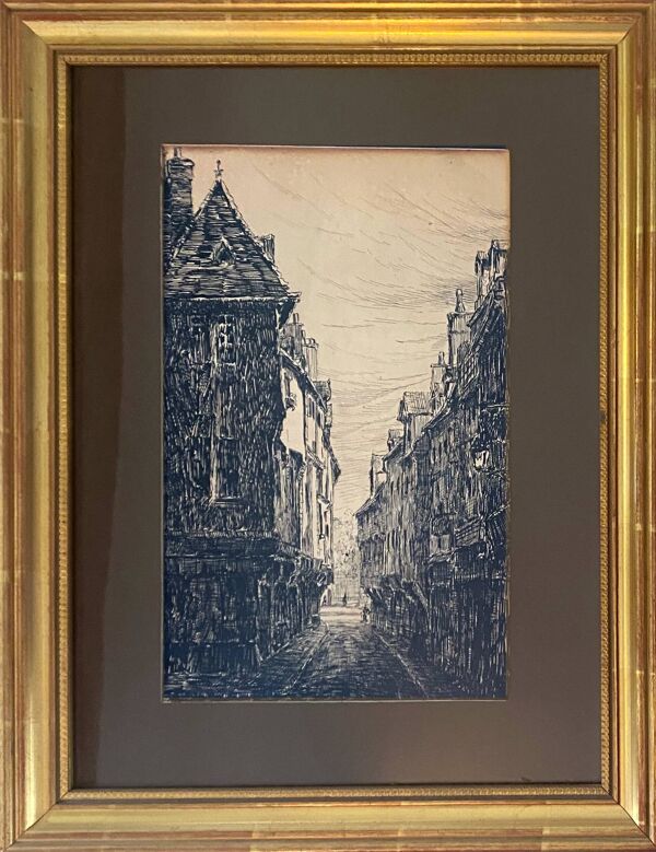 Tableau ''Rue verrerie Dijon vers 1880'' par Paul Deval Dessin à l'encre