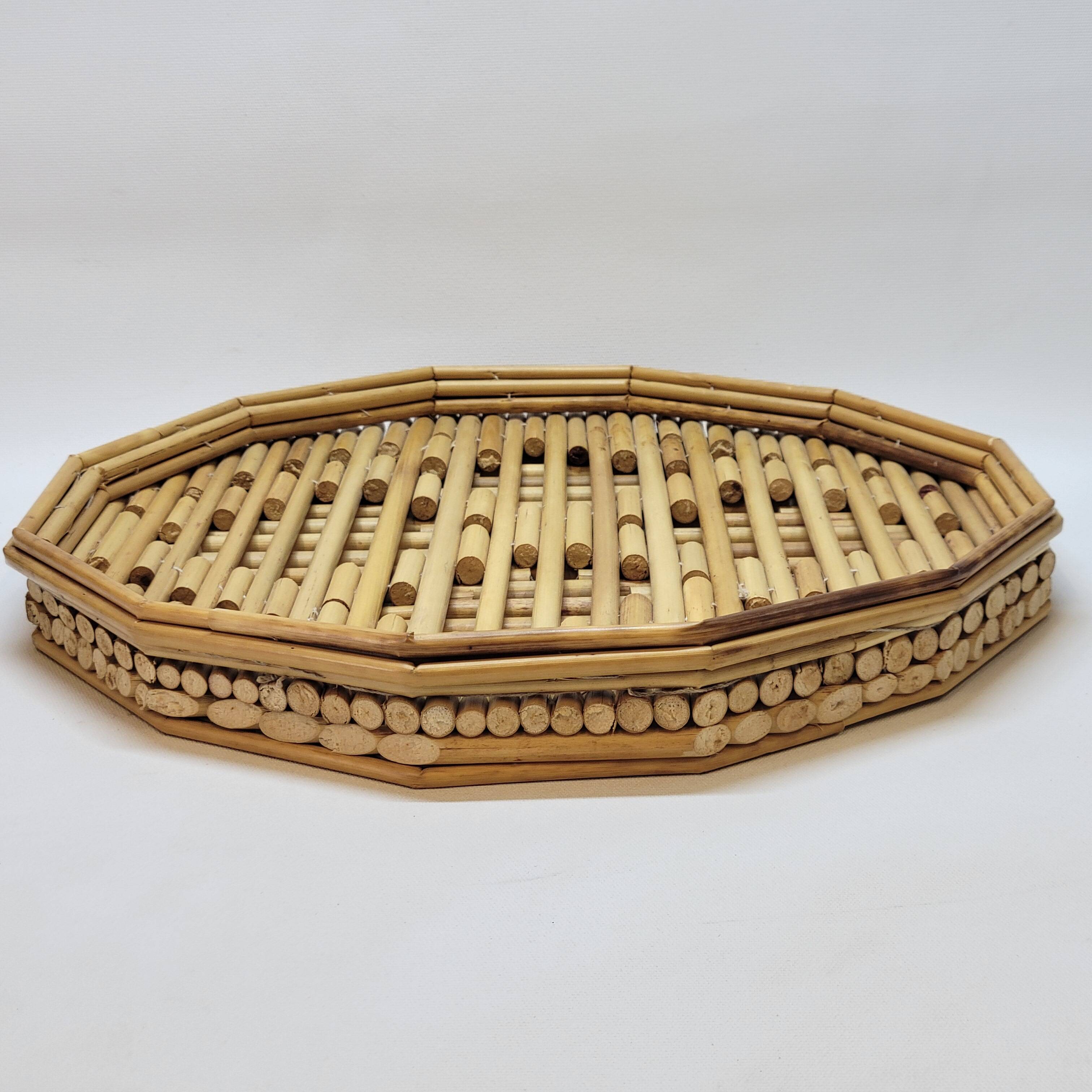 Rattan straw bamboo serving tray French vintage 70s