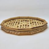 Rattan straw bamboo serving tray French vintage 70s