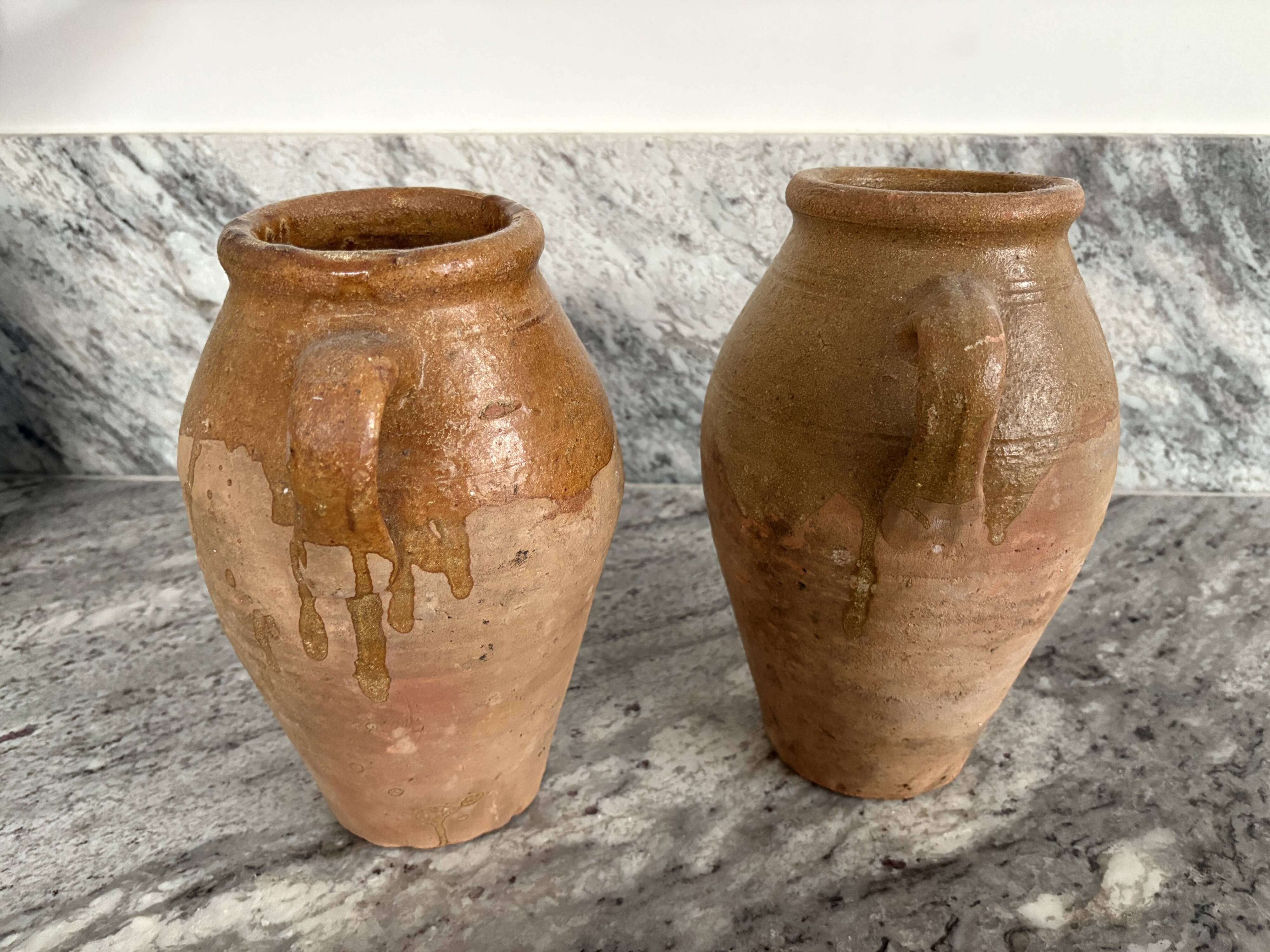 Pair of Provençal enamelled terracotta jars